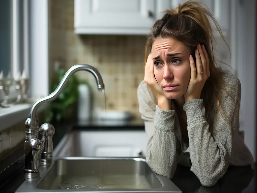 frustrated young woman watches as her kitchen sink drips and leaks - edwardsville, il